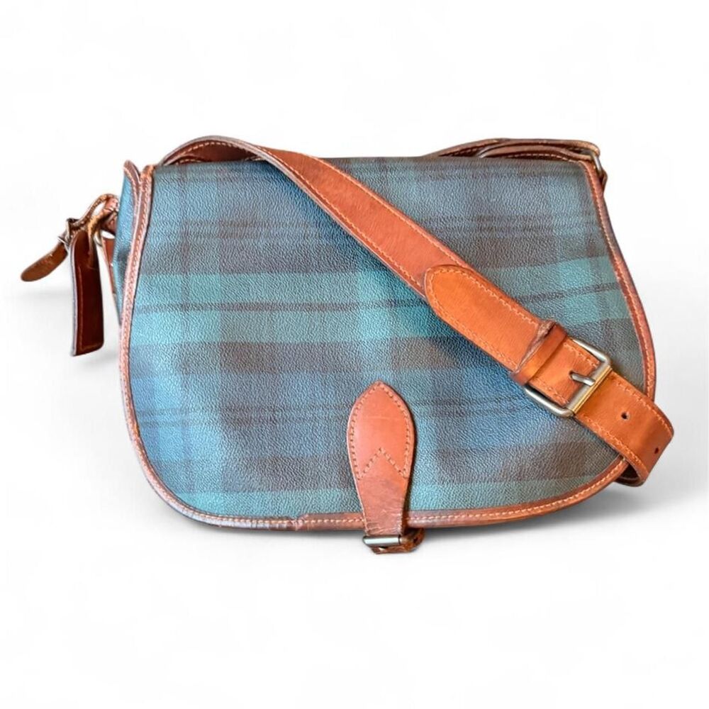 Vintage Polo Ralph Lauren Black Watch Plaid Leather Crossbody Saddle Bag